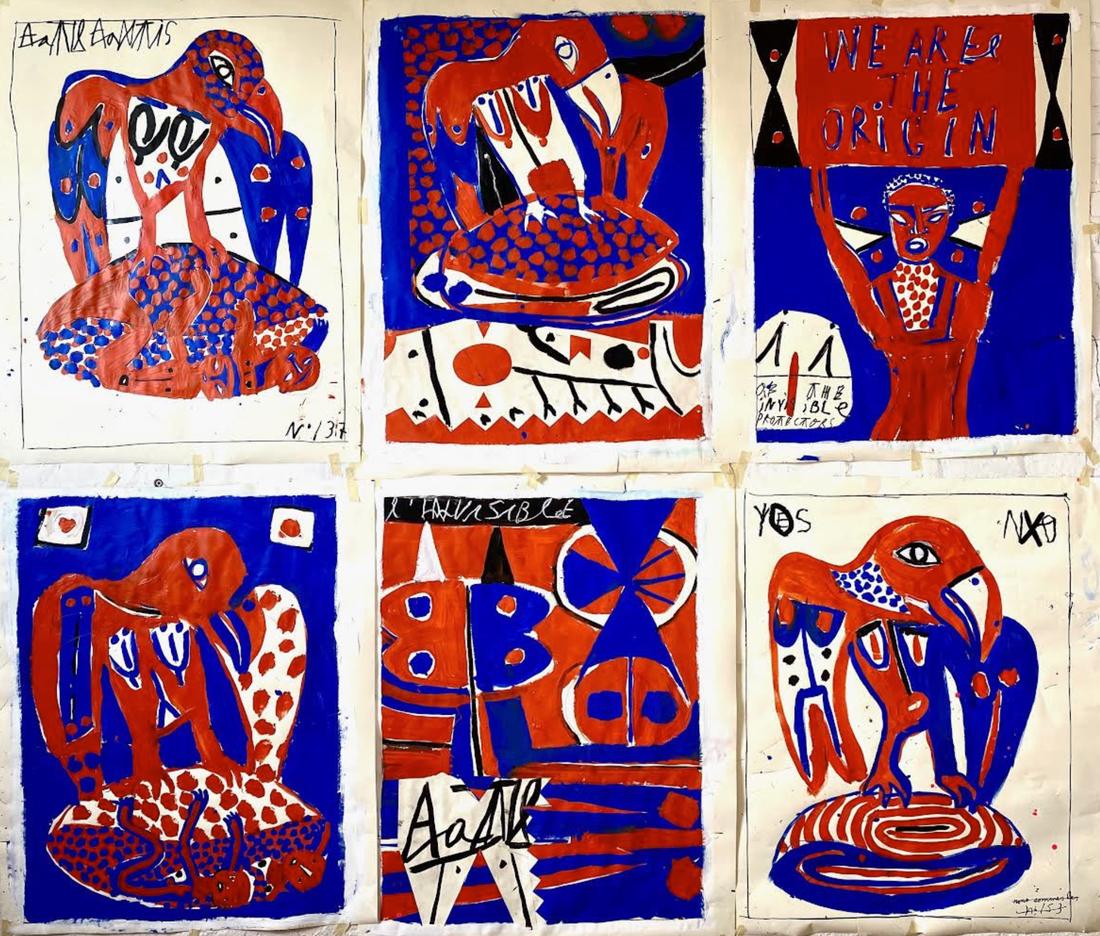 Paintings by Carlito Dalceggio in cobalt and vermilion, one reading 'the invisible protectors'