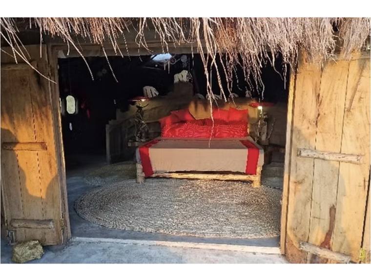 A bed under a thatched roof, seen through a wooden doorway